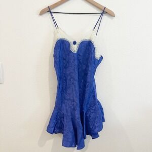 Val Mode‎ Lingerie Vintage Blue Floral Jacquard Lace Ruffle Chemise Nightgown M